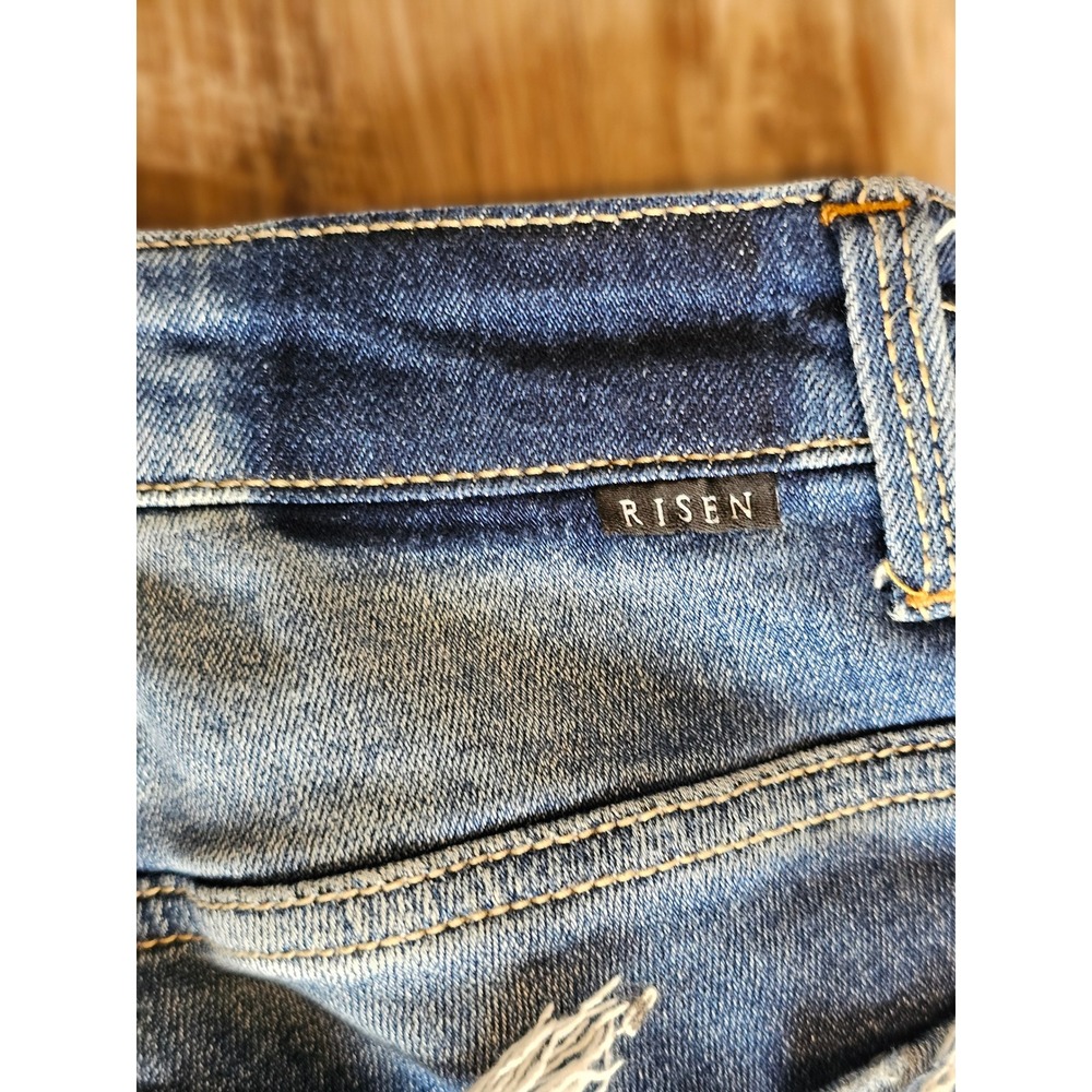 Risen Jeans Distressed Straight Leg Medium Wash Denim Raw Hem Size 1/25 - Picture 7 of 7